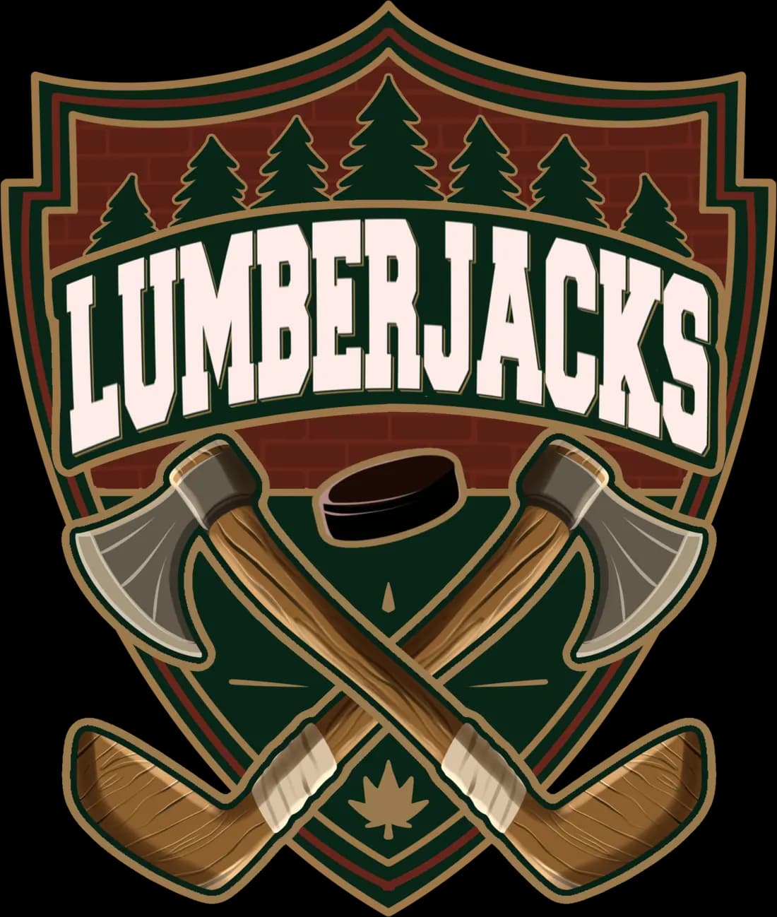 Escudo do time Lumberjacks: dois machados cruzados sobre tacos de hóquei e um disco
